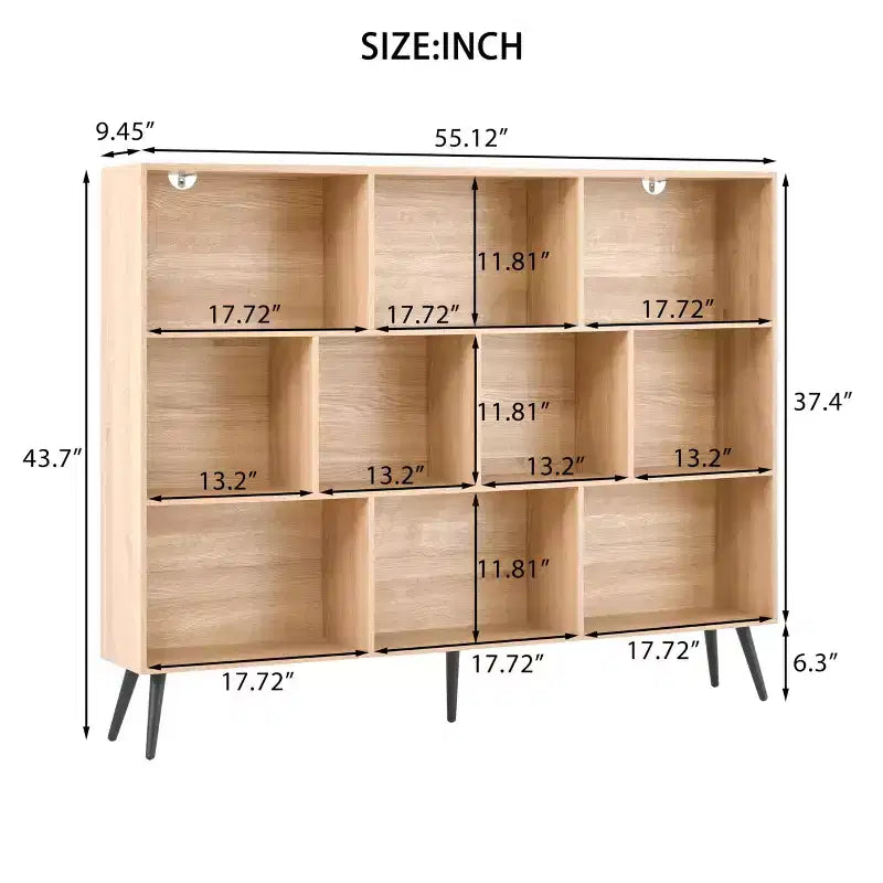 Estantería, librería de madera natural de mediados de siglo de 3 niveles y 10 cubos con patas, organizador de almacenamiento abierto independiente