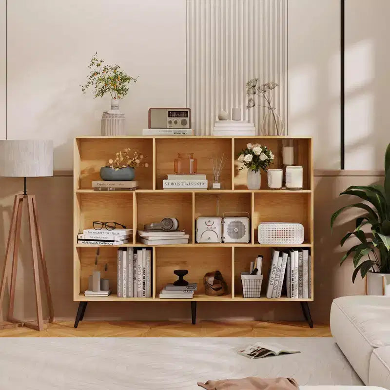 Estantería, librería de madera natural de mediados de siglo de 3 niveles y 10 cubos con patas, organizador de almacenamiento abierto independiente