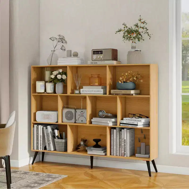 Estantería, librería de madera natural de mediados de siglo de 3 niveles y 10 cubos con patas, organizador de almacenamiento abierto independiente