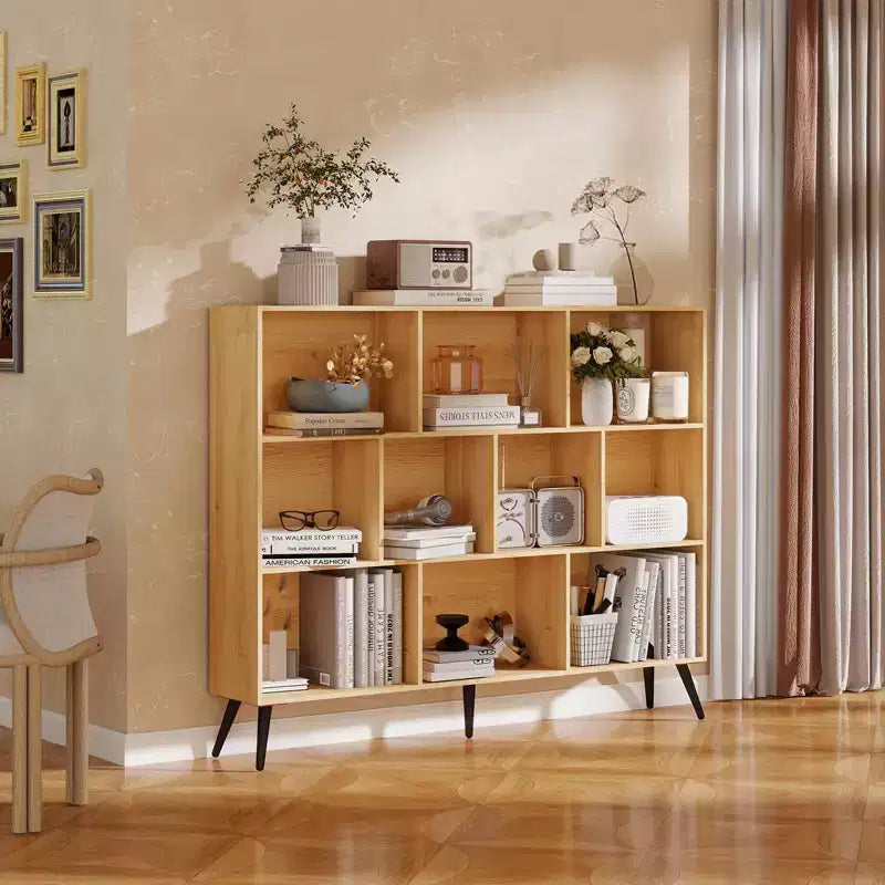 Estantería, librería de madera natural de mediados de siglo de 3 niveles y 10 cubos con patas, organizador de almacenamiento abierto independiente