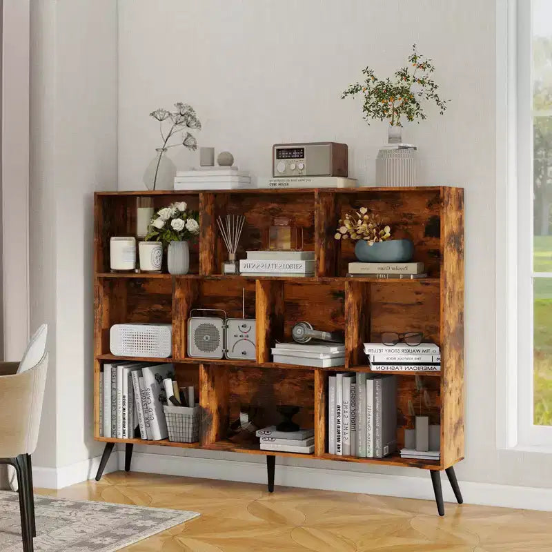 Estantería, librería de madera natural de mediados de siglo de 3 niveles y 10 cubos con patas, organizador de almacenamiento abierto independiente