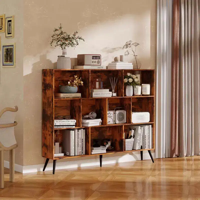 Estantería, librería de madera natural de mediados de siglo de 3 niveles y 10 cubos con patas, organizador de almacenamiento abierto independiente