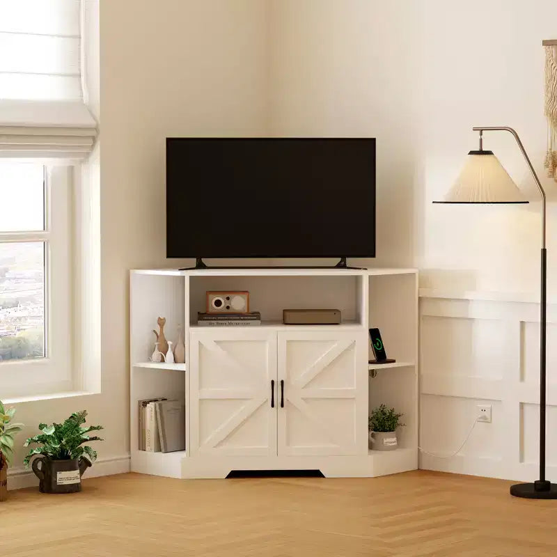 Corner TV Stand for 55-Inch TVs,Modern Entertainment Center with Storage Cabinets & Barn Doors, Media Console Table for Living Room,Bedroom