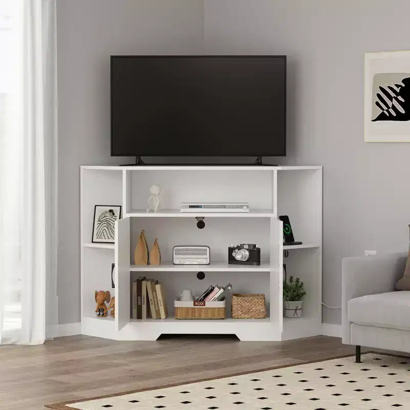 Mueble de TV esquinero para televisores de 55 pulgadas, centro de entretenimiento moderno con gabinetes de almacenamiento y puertas de granero, mesa de consola multimedia para sala de estar, dormitorio