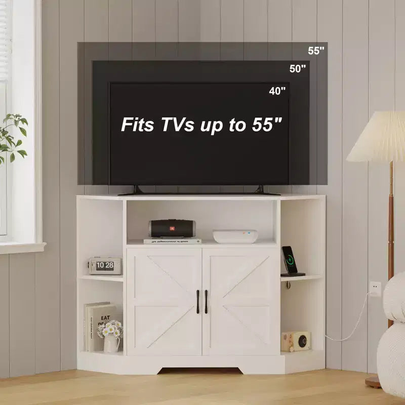 Mueble de TV esquinero para televisores de 55 pulgadas, centro de entretenimiento moderno con gabinetes de almacenamiento y puertas de granero, mesa de consola multimedia para sala de estar, dormitorio