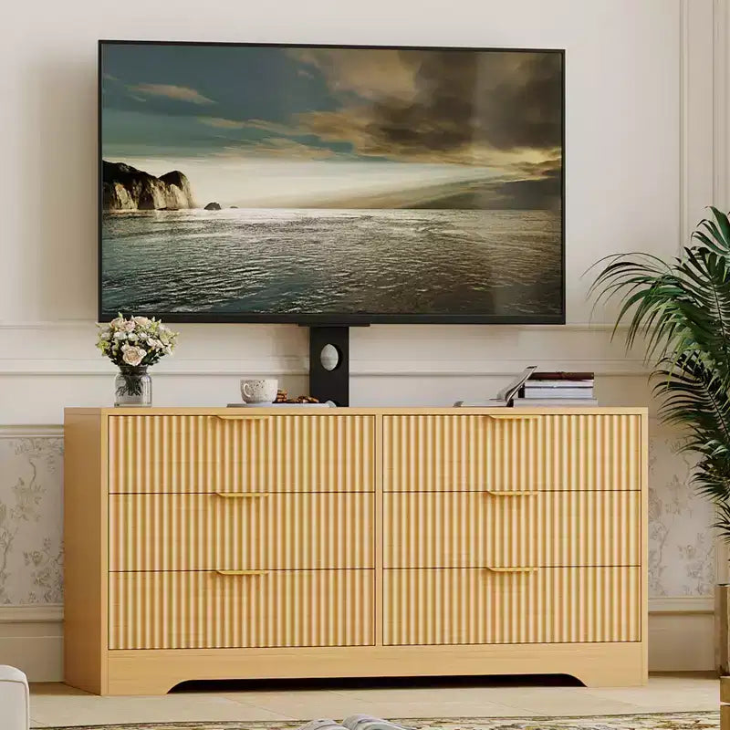 Mueble de TV con soporte y 6 cajones, centro de entretenimiento moderno estriado para televisores de 32-85 pulgadas, mesa consola multimedia ajustable para sala de estar o dormitorio, color negro