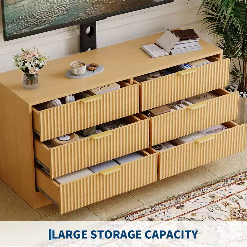 Mueble de TV con soporte y 6 cajones, centro de entretenimiento moderno estriado para televisores de 32-85 pulgadas, mesa consola multimedia ajustable para sala de estar o dormitorio, color negro