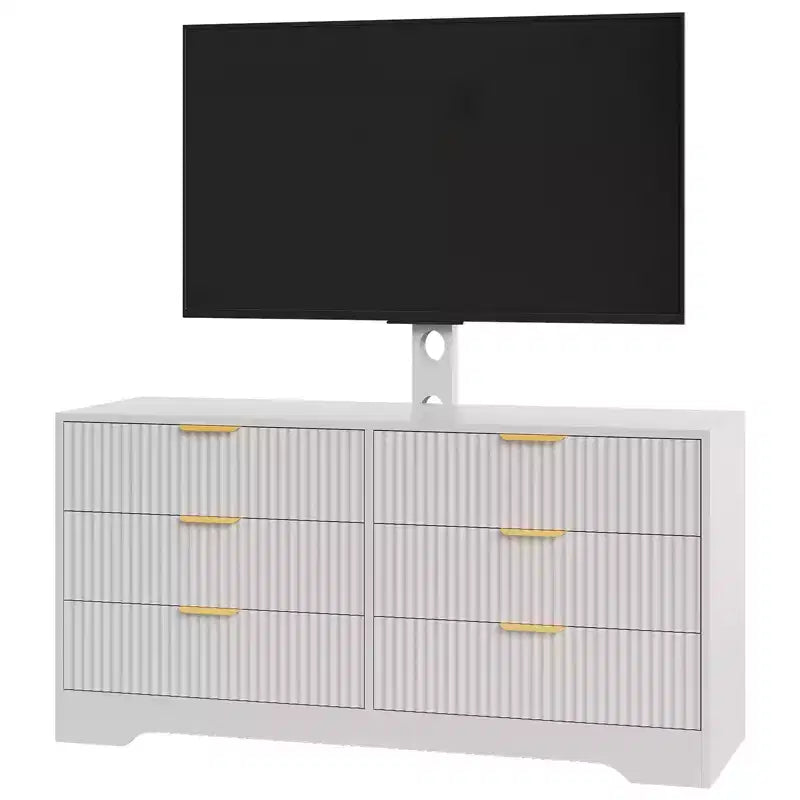 Mueble de TV con soporte y 6 cajones, centro de entretenimiento moderno estriado para televisores de 32-85 pulgadas, mesa consola multimedia ajustable para sala de estar o dormitorio, color negro