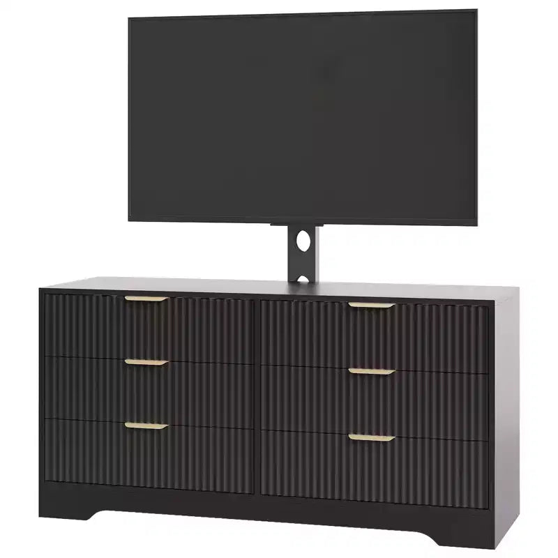 Mueble de TV con soporte y 6 cajones, centro de entretenimiento moderno estriado para televisores de 32-85 pulgadas, mesa consola multimedia ajustable para sala de estar o dormitorio, color negro