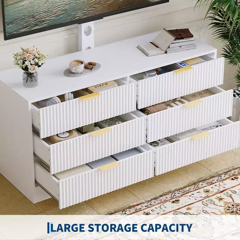 Mueble de TV con soporte y 6 cajones, centro de entretenimiento moderno estriado para televisores de 32-85 pulgadas, mesa consola multimedia ajustable para sala de estar o dormitorio, color negro
