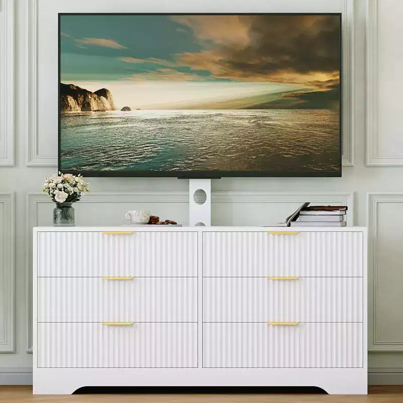 Mueble de TV con soporte y 6 cajones, centro de entretenimiento moderno estriado para televisores de 32-85 pulgadas, mesa consola multimedia ajustable para sala de estar o dormitorio, color negro