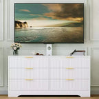 Mueble de TV con soporte y 6 cajones, centro de entretenimiento moderno estriado para televisores de 32-85 pulgadas, mesa consola multimedia ajustable para sala de estar o dormitorio, color negro
