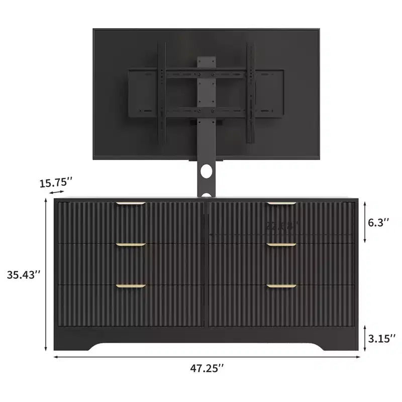 Mueble de TV con soporte y 6 cajones, centro de entretenimiento moderno estriado para televisores de 32-85 pulgadas, mesa consola multimedia ajustable para sala de estar o dormitorio, color negro