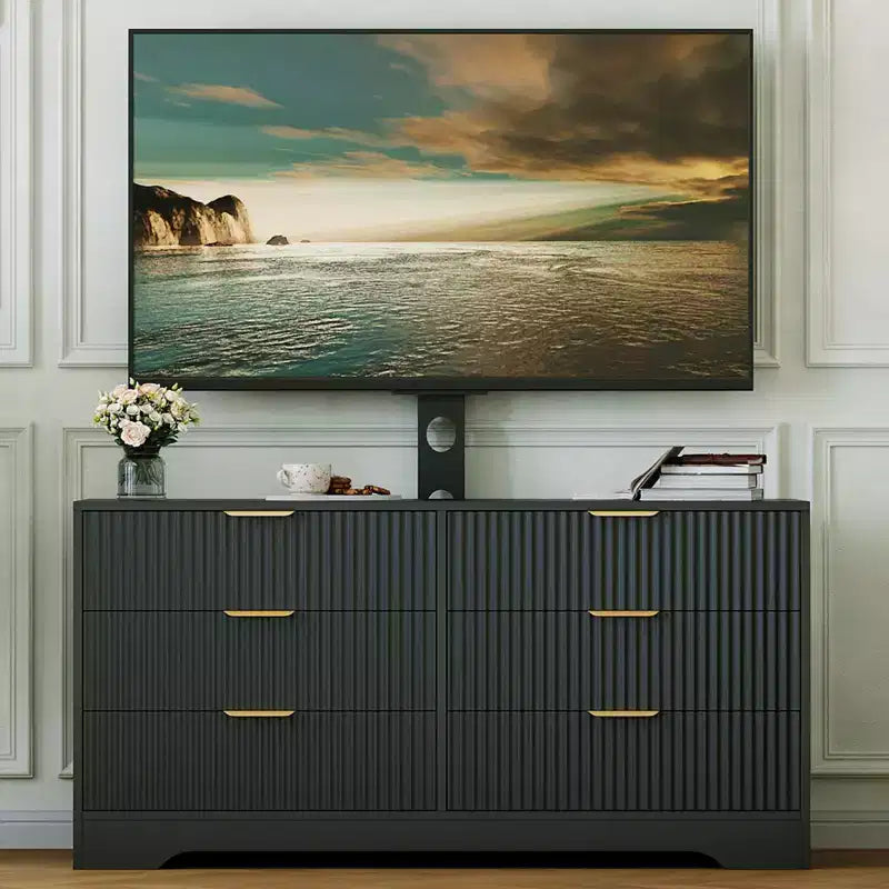 Mueble de TV con soporte y 6 cajones, centro de entretenimiento moderno estriado para televisores de 32-85 pulgadas, mesa consola multimedia ajustable para sala de estar o dormitorio, color negro