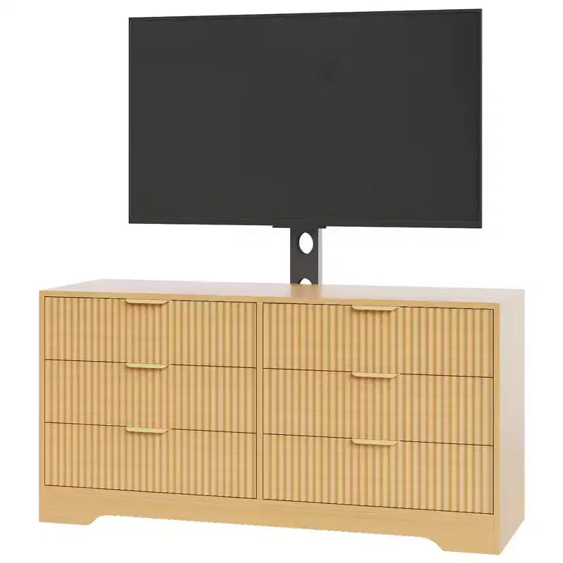 Mueble de TV con soporte y 6 cajones, centro de entretenimiento moderno estriado para televisores de 32-85 pulgadas, mesa consola multimedia ajustable para sala de estar o dormitorio, color negro
