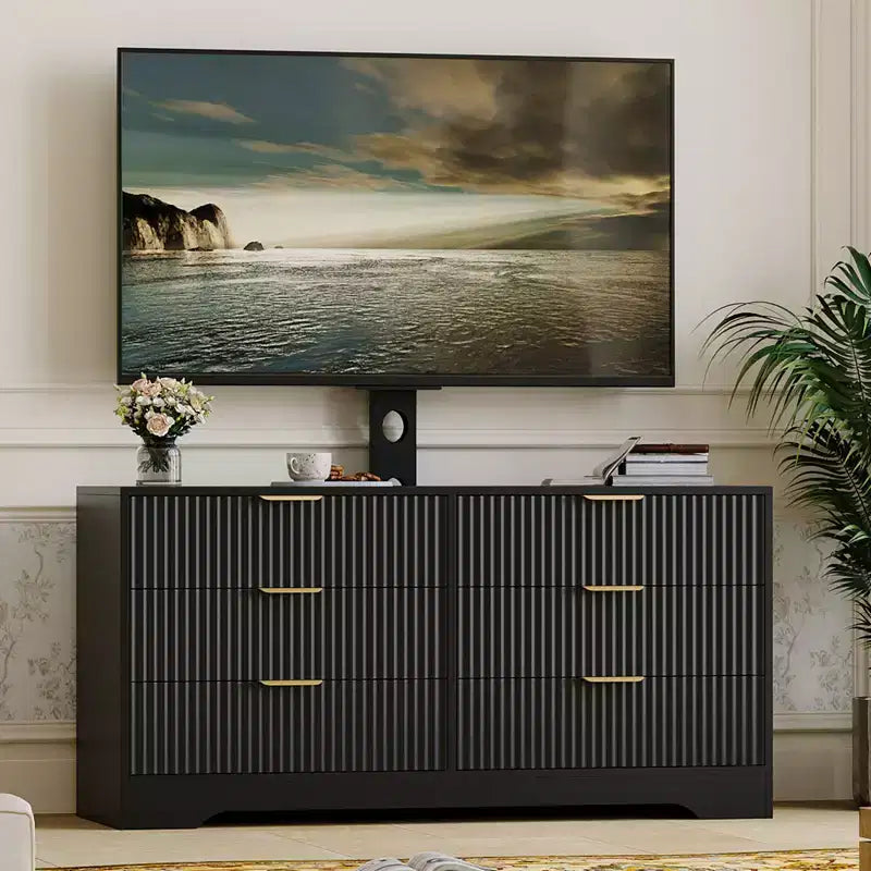 TV Stand with Mount & 6 Drawers, Modern Fluted Entertainment Center for for 32-85 TVs, Adjustable Media Console Table for Living Room Bedroom, Black