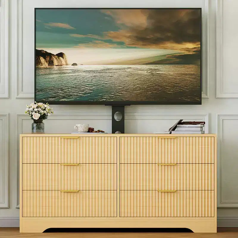 Mueble de TV con soporte y 6 cajones, centro de entretenimiento moderno estriado para televisores de 32-85 pulgadas, mesa consola multimedia ajustable para sala de estar o dormitorio, color negro