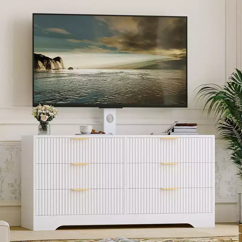 Mueble de TV con soporte y 6 cajones, centro de entretenimiento moderno estriado para televisores de 32-85 pulgadas, mesa consola multimedia ajustable para sala de estar o dormitorio, color negro
