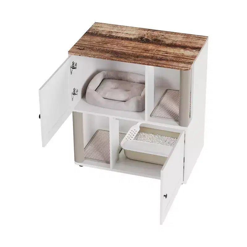 Mueble Arenero Cerrado con Doble Compartimento, Mueble Arenero Escondido con Rascadores y Alfombrillas Sanitarias de Doble Capa, Casa para Mascotas de Interior