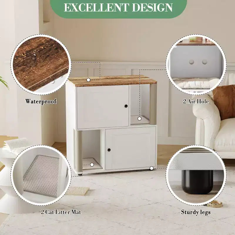 Mueble Arenero Cerrado con Doble Compartimento, Mueble Arenero Escondido con Rascadores y Alfombrillas Sanitarias de Doble Capa, Casa para Mascotas de Interior