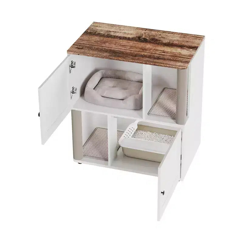Mueble Arenero Cerrado con Doble Compartimento, Mueble Arenero Escondido con Rascadores y Alfombrillas Sanitarias de Doble Capa, Casa para Mascotas de Interior