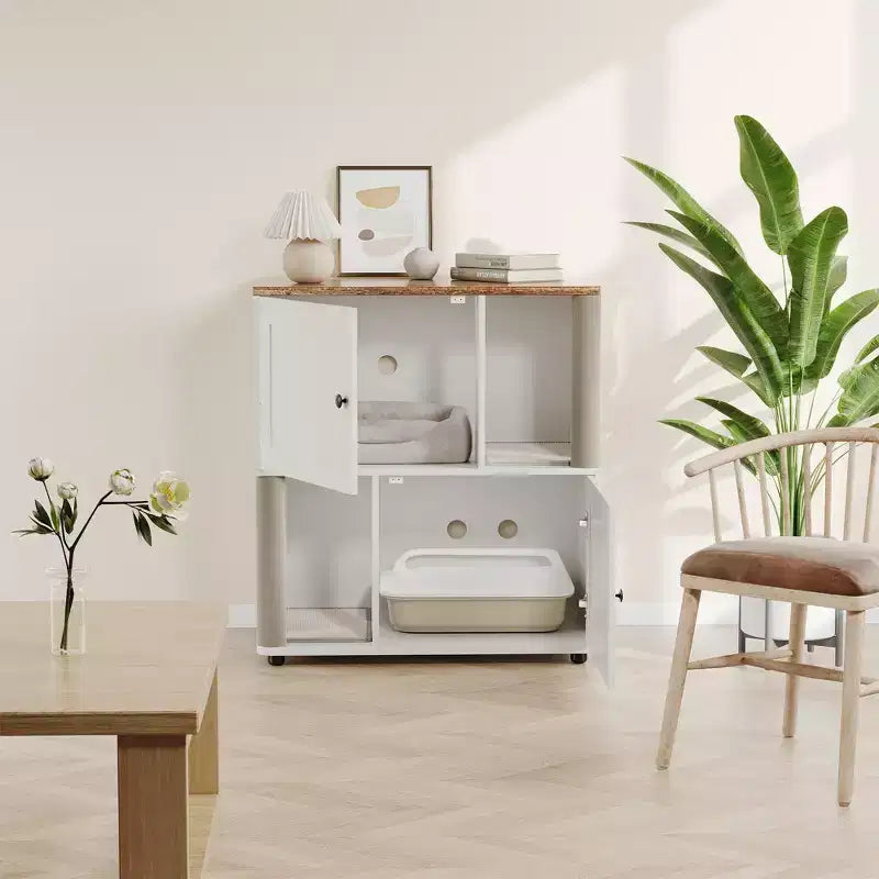 Mueble Arenero Cerrado con Doble Compartimento, Mueble Arenero Escondido con Rascadores y Alfombrillas Sanitarias de Doble Capa, Casa para Mascotas de Interior
