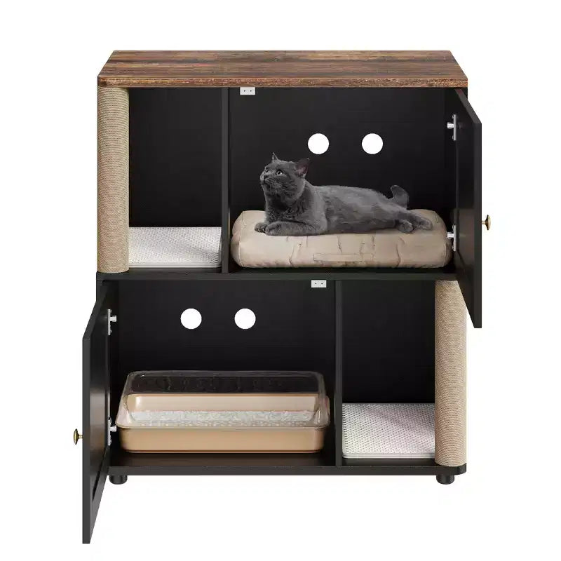 Mueble Arenero Cerrado con Doble Compartimento, Mueble Arenero Escondido con Rascadores y Alfombrillas Sanitarias de Doble Capa, Casa para Mascotas de Interior