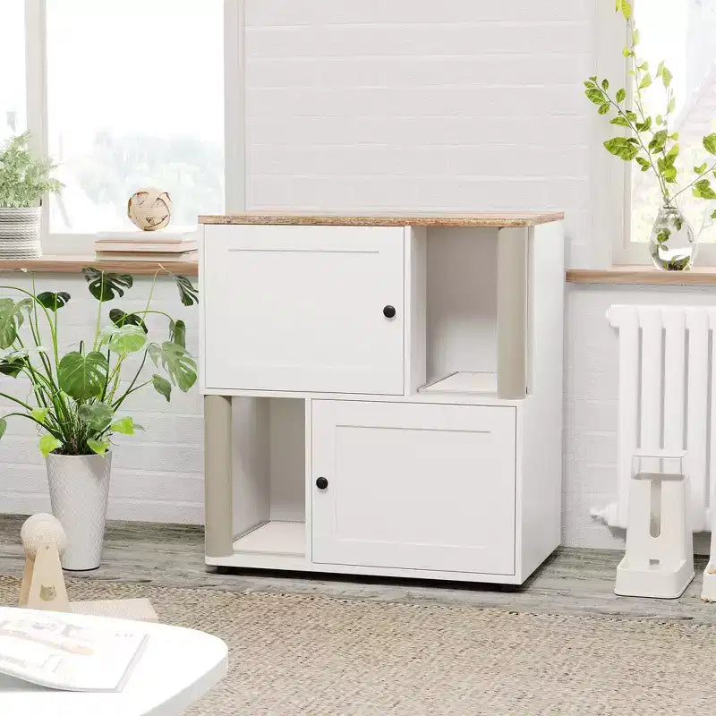 Mueble Arenero Cerrado con Doble Compartimento, Mueble Arenero Escondido con Rascadores y Alfombrillas Sanitarias de Doble Capa, Casa para Mascotas de Interior