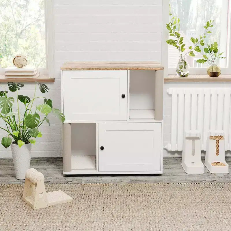 Mueble Arenero Cerrado con Doble Compartimento, Mueble Arenero Escondido con Rascadores y Alfombrillas Sanitarias de Doble Capa, Casa para Mascotas de Interior
