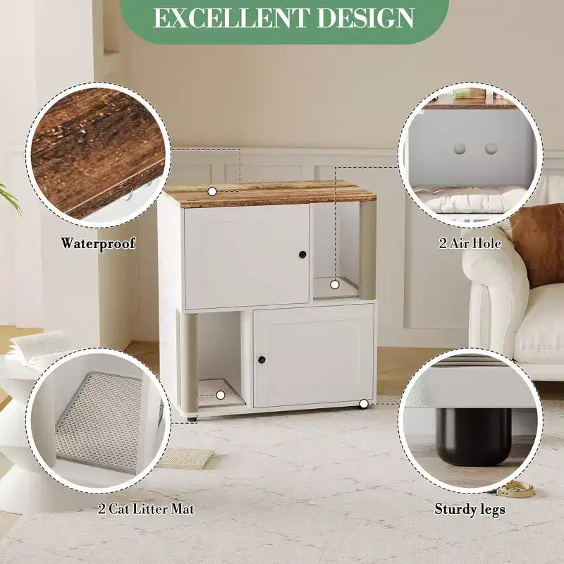 Mueble Arenero Cerrado con Doble Compartimento, Mueble Arenero Escondido con Rascadores y Alfombrillas Sanitarias de Doble Capa, Casa para Mascotas de Interior