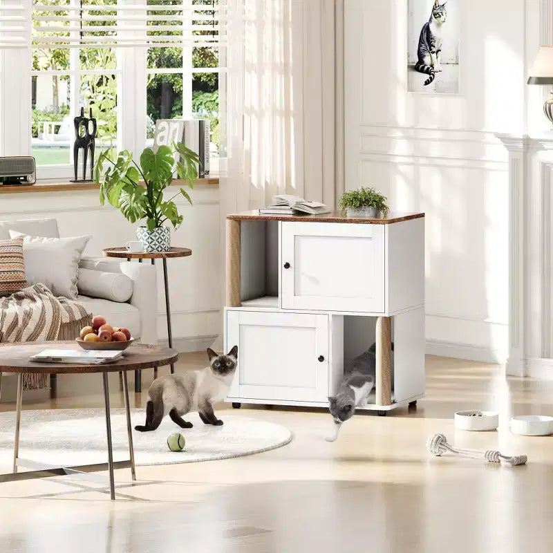 Mueble Arenero Cerrado con Doble Compartimento, Mueble Arenero Escondido con Rascadores y Alfombrillas Sanitarias de Doble Capa, Casa para Mascotas de Interior