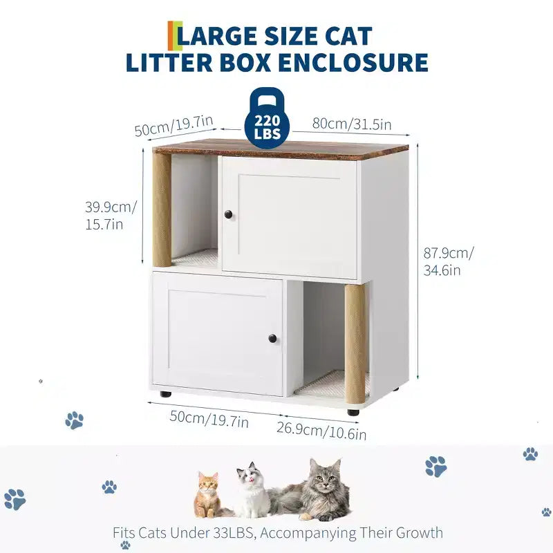 Mueble Arenero Cerrado con Doble Compartimento, Mueble Arenero Escondido con Rascadores y Alfombrillas Sanitarias de Doble Capa, Casa para Mascotas de Interior