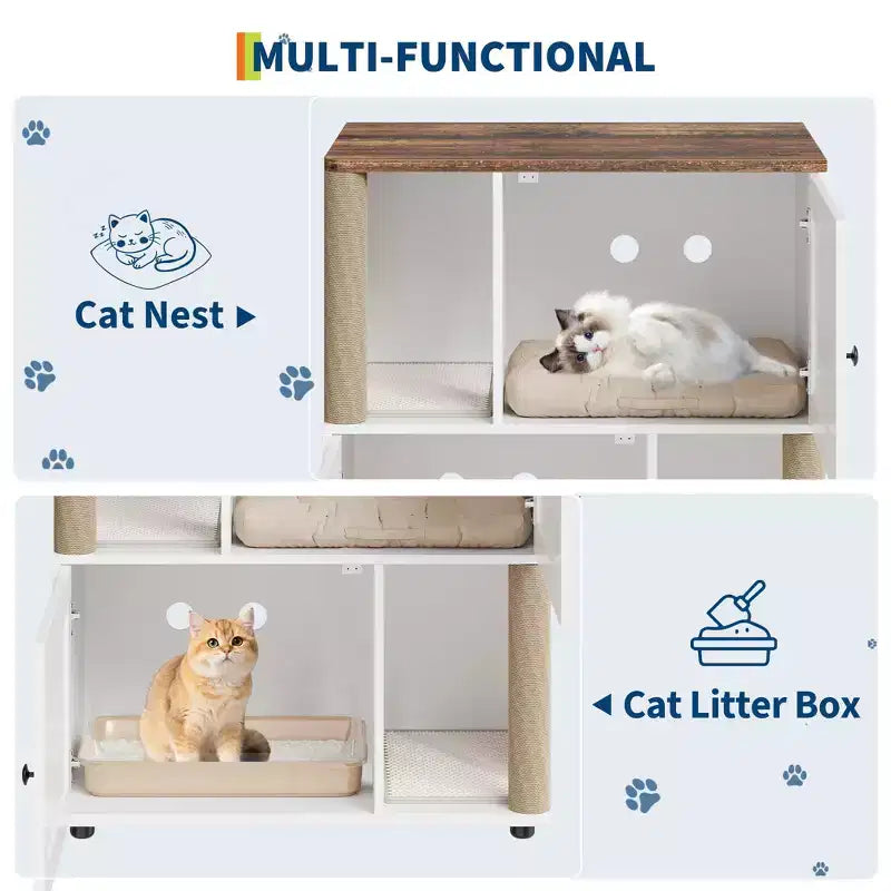 Mueble Arenero Cerrado con Doble Compartimento, Mueble Arenero Escondido con Rascadores y Alfombrillas Sanitarias de Doble Capa, Casa para Mascotas de Interior
