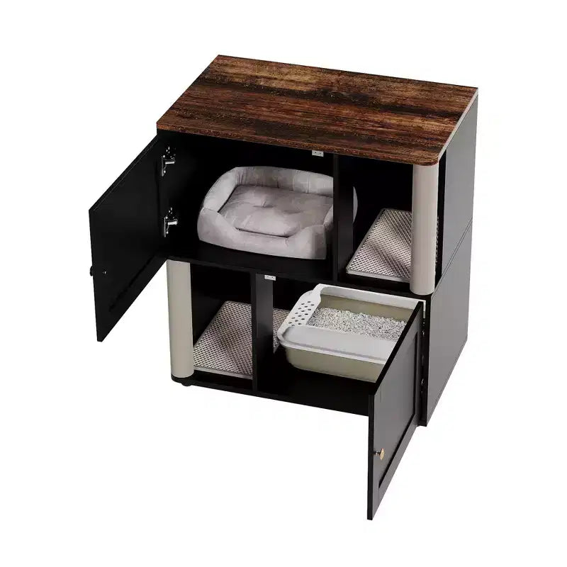 Mueble Arenero Cerrado con Doble Compartimento, Mueble Arenero Escondido con Rascadores y Alfombrillas Sanitarias de Doble Capa, Casa para Mascotas de Interior