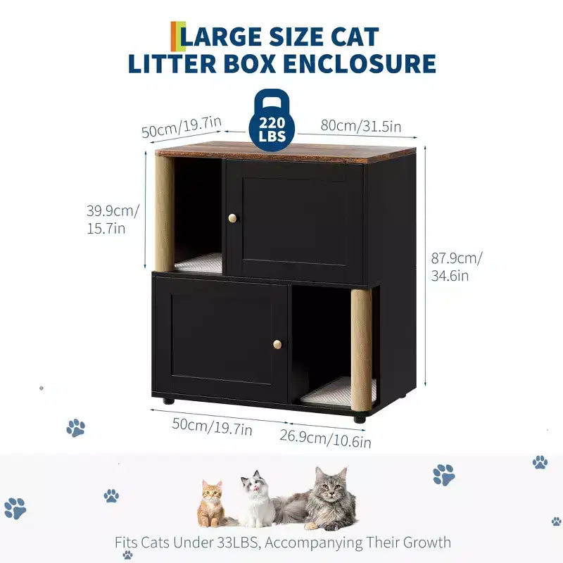 Mueble Arenero Cerrado con Doble Compartimento, Mueble Arenero Escondido con Rascadores y Alfombrillas Sanitarias de Doble Capa, Casa para Mascotas de Interior