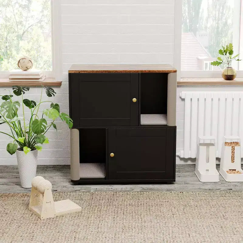 Mueble Arenero Cerrado con Doble Compartimento, Mueble Arenero Escondido con Rascadores y Alfombrillas Sanitarias de Doble Capa, Casa para Mascotas de Interior