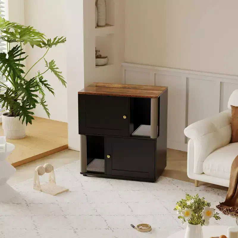 Mueble Arenero Cerrado con Doble Compartimento, Mueble Arenero Escondido con Rascadores y Alfombrillas Sanitarias de Doble Capa, Casa para Mascotas de Interior