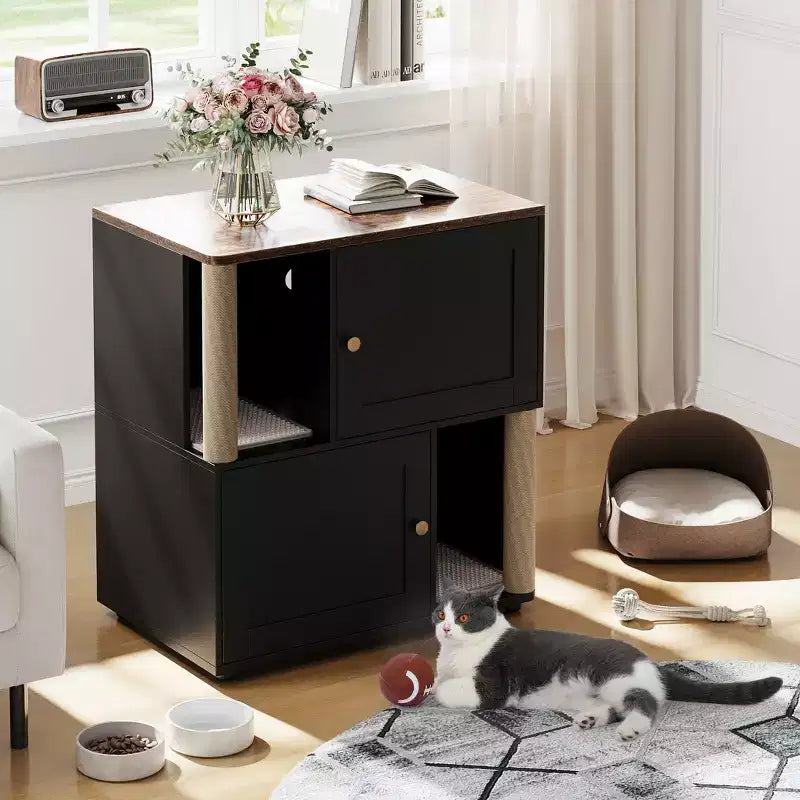 Mueble Arenero Cerrado con Doble Compartimento, Mueble Arenero Escondido con Rascadores y Alfombrillas Sanitarias de Doble Capa, Casa para Mascotas de Interior