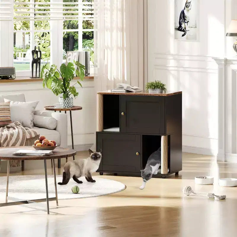 Mueble Arenero Cerrado con Doble Compartimento, Mueble Arenero Escondido con Rascadores y Alfombrillas Sanitarias de Doble Capa, Casa para Mascotas de Interior