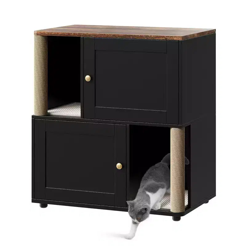 Litter Box Enclosure with Double Room, Hidden Enclosed Litterbox Furniture with Scratch Posts and Double-Layer Litter Mats Indoor Pet House