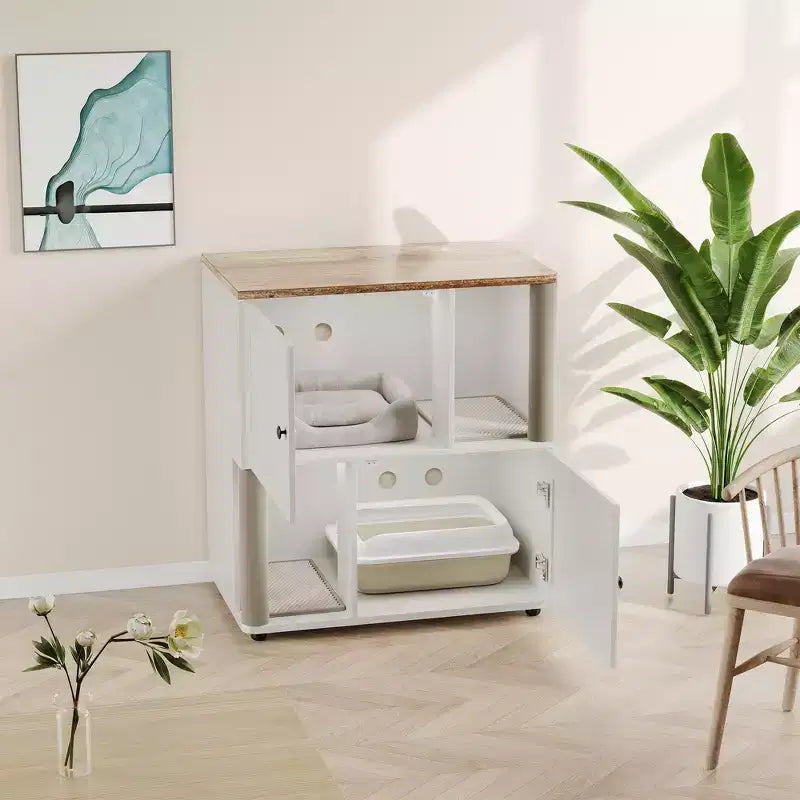 Mueble Arenero Cerrado con Doble Compartimento, Mueble Arenero Escondido con Rascadores y Alfombrillas Sanitarias de Doble Capa, Casa para Mascotas de Interior