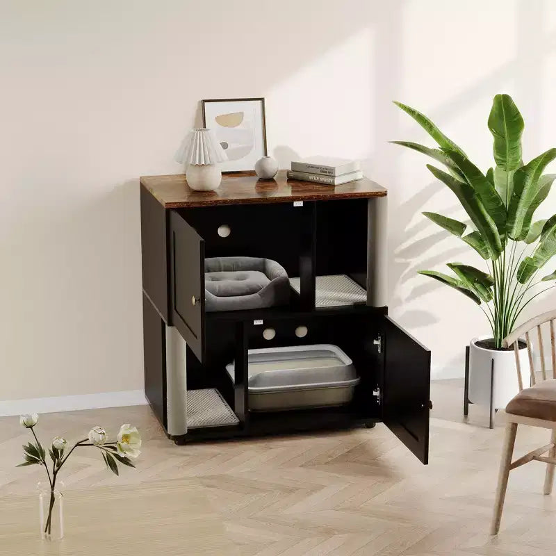 Mueble Arenero Cerrado con Doble Compartimento, Mueble Arenero Escondido con Rascadores y Alfombrillas Sanitarias de Doble Capa, Casa para Mascotas de Interior