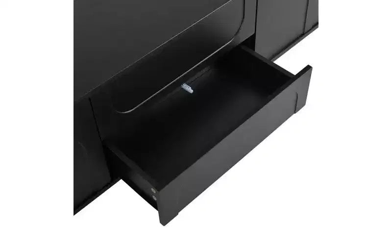 Mueble de TV elegante de 69 pulgadas con puertas de armario arqueadas, 2 cajones, adecuado para televisores de hasta 75 pulgadas; con dispositivo de rebote; para dormitorio, negro