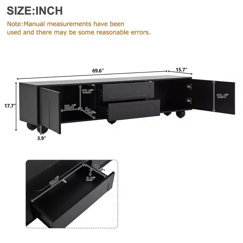 Mueble de TV elegante de 69 pulgadas con puertas de armario arqueadas, 2 cajones, adecuado para televisores de hasta 75 pulgadas; con dispositivo de rebote; para dormitorio, negro