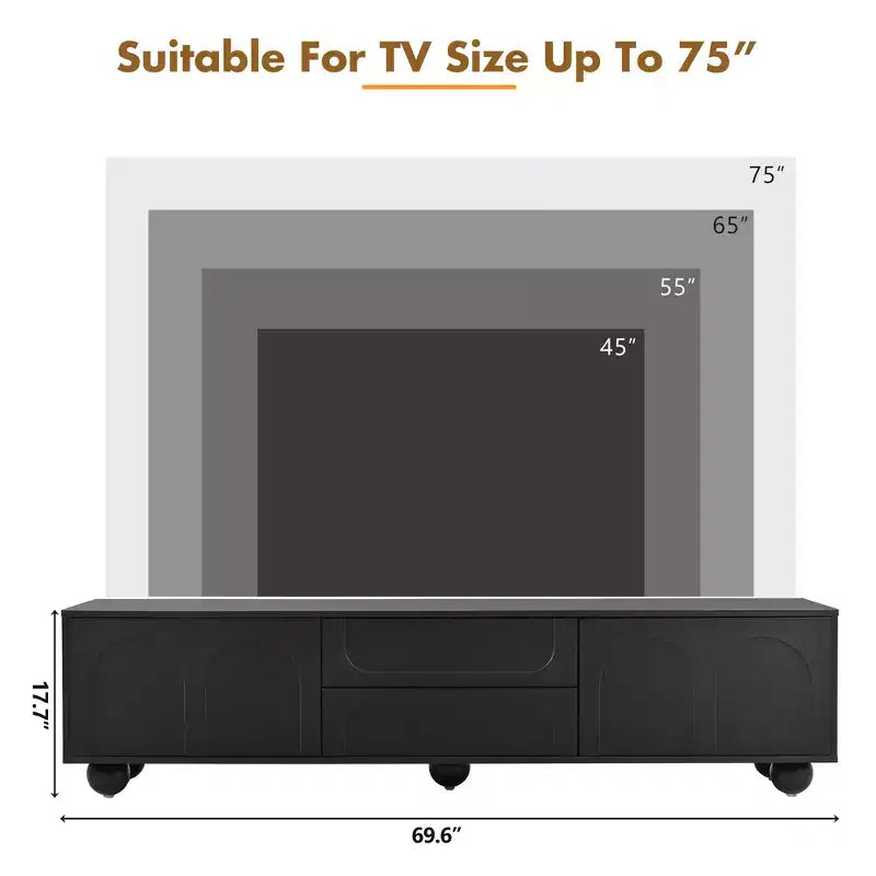 Mueble de TV elegante de 69 pulgadas con puertas de armario arqueadas, 2 cajones, adecuado para televisores de hasta 75 pulgadas; con dispositivo de rebote; para dormitorio, negro