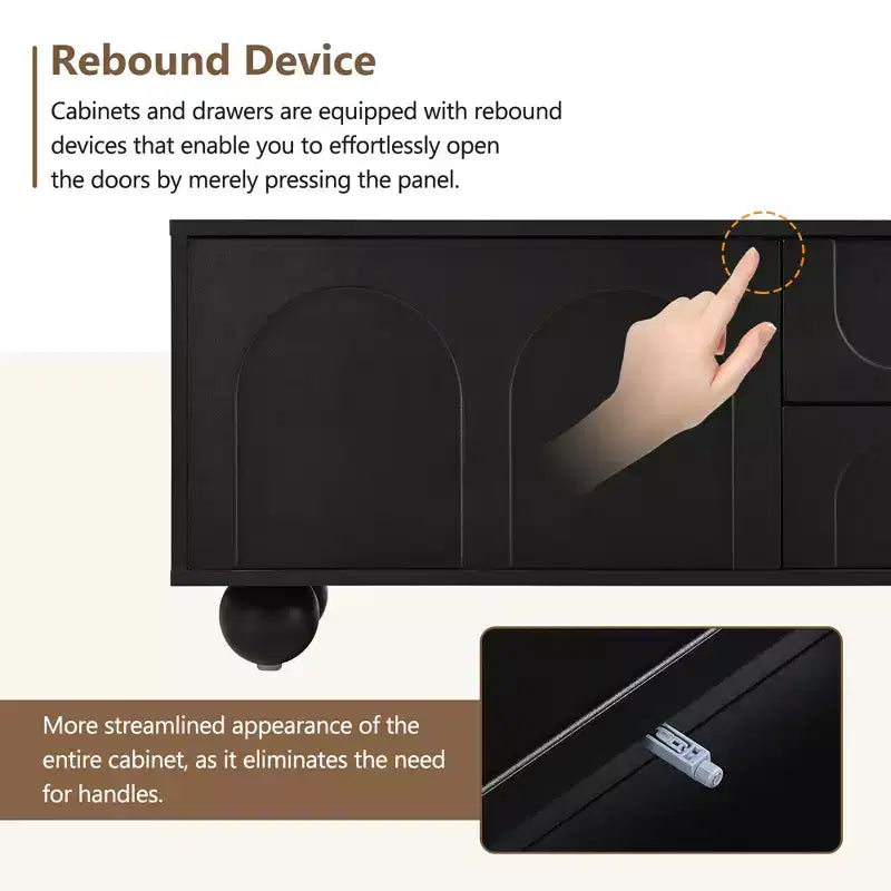 Mueble de TV elegante de 69 pulgadas con puertas de armario arqueadas, 2 cajones, adecuado para televisores de hasta 75 pulgadas; con dispositivo de rebote; para dormitorio, negro
