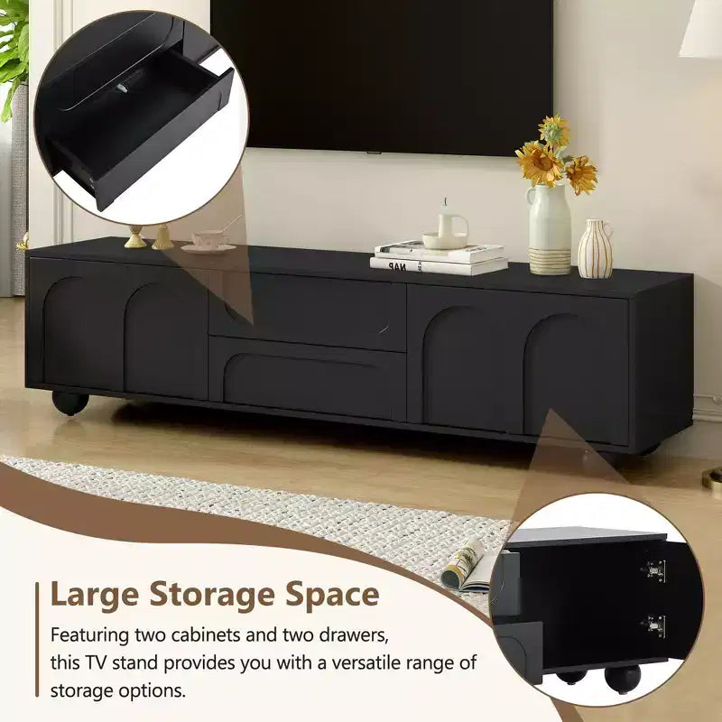 Mueble de TV elegante de 69 pulgadas con puertas de armario arqueadas, 2 cajones, adecuado para televisores de hasta 75 pulgadas; con dispositivo de rebote; para dormitorio, negro