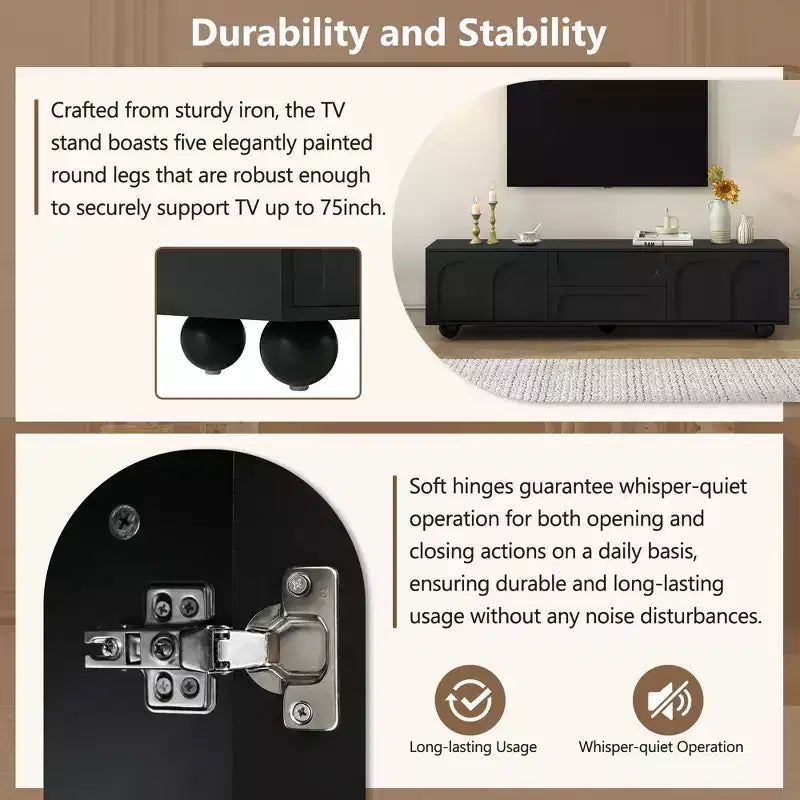 Mueble de TV elegante de 69 pulgadas con puertas de armario arqueadas, 2 cajones, adecuado para televisores de hasta 75 pulgadas; con dispositivo de rebote; para dormitorio, negro