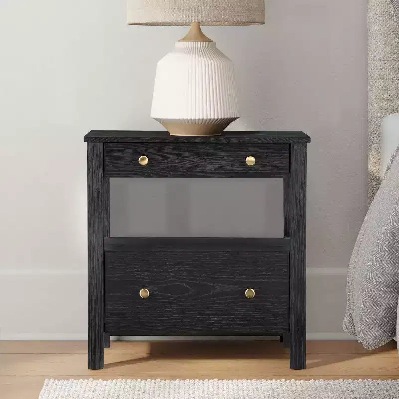 Mesa de Noche Comfort Pointe Delano Negra: 2 Cajones, Chapa de Roble, Correderas Metálicas, No Requiere Ensamblaje