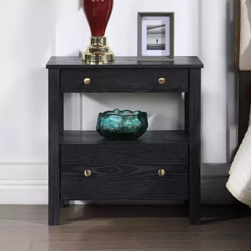 Mesa de Noche Comfort Pointe Delano Negra: 2 Cajones, Chapa de Roble, Correderas Metálicas, No Requiere Ensamblaje